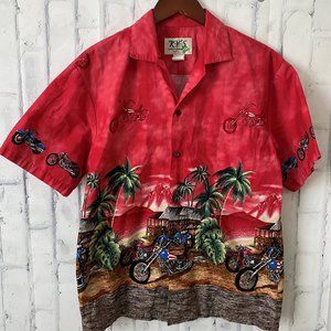 KY's Hawaiian Motorcycle Palm Floral Beach Shirt Made in Hawaii USA Men's Medium
